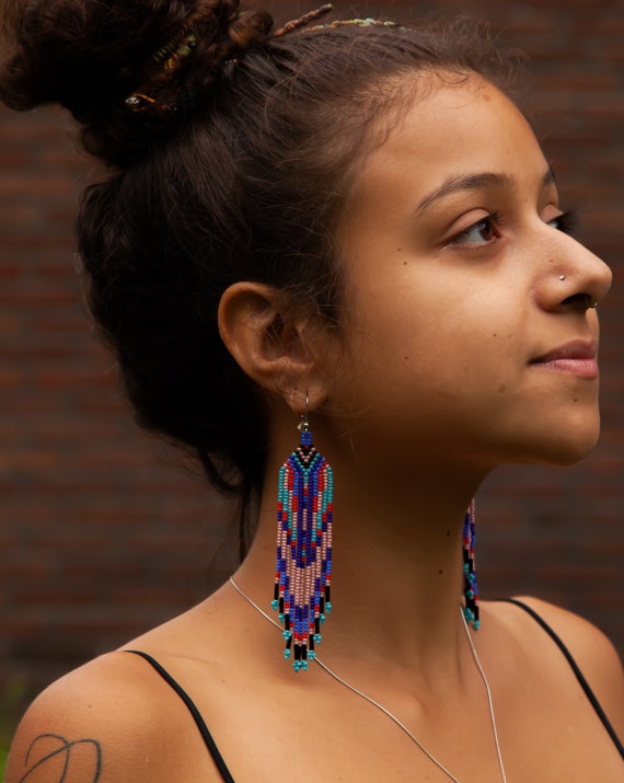 Tribal Hipster Chic Earrings, Beaded Boho Earrings, Native American Style Beaded Earrings, Beaded Tribal Earrings, Huichol Beadwork