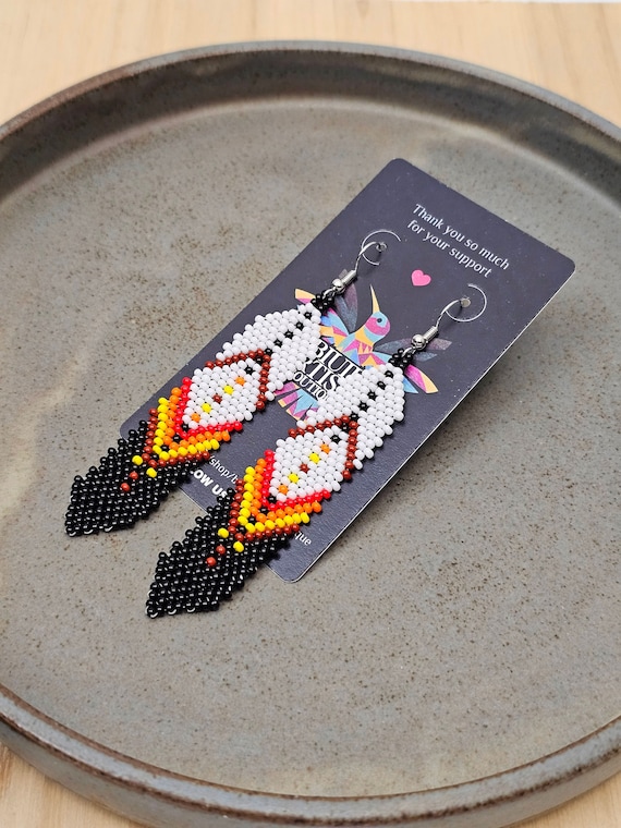 Beaded Feather Native American Style Earrings, White Feather Earrings, Boho Tribal Earrings, Authentic Huichol Beadwork, Mexican Beading