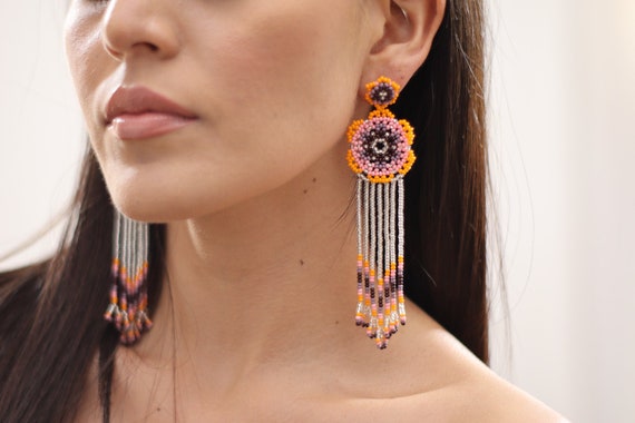 Beaded Flower Earrings w/ Posts, Boho Beaded Earrings, Native American Beaded Earrings, Indigenous Made, Orange Pink, Huichol Jewelry