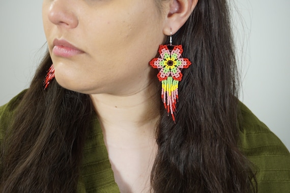 Beaded Boho Earrings, Huichol Earrings, Boho Pink Flower Earrings, Indigenous Made, Traditional Beadwork | Biulu Artisan Boutique
