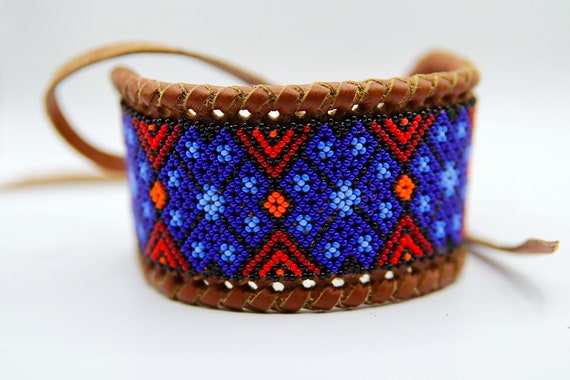 Beaded Leather Bracelet, Native American Beaded Bracelet, Peyote Statement Bracelet, Boho Bracelet, Indigenous Made | Biulu Artisan Boutique