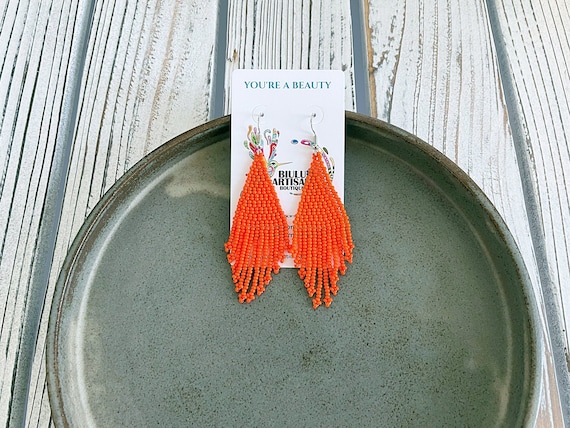 Small Boho Earrings, Orange Beaded Boho Earrings, Native Beaded Earrings, Short Dangle, Indigenous Made, Handmade | Biulu Artisan Boutique