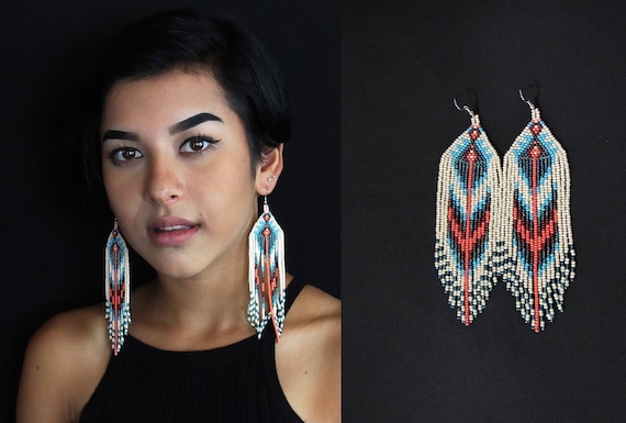 Native American Beaded Earrings, Boho Earrings, High Fashion Tribal Design, Native American Beaded Jewelry, Southwest Earrings, Huichol