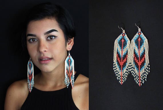 Native American Beaded Earrings, Boho Earrings, High Fashion Tribal Design, Native American Beaded Jewelry, Southwest Earrings, Huichol