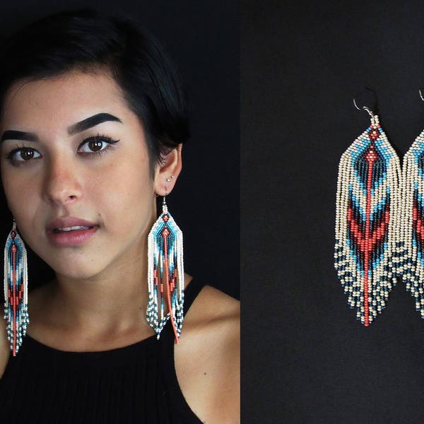 Native American Beaded Earrings, Boho Earrings, High Fashion Tribal Design, Native American Beaded Jewelry, Southwest Earrings, Huichol