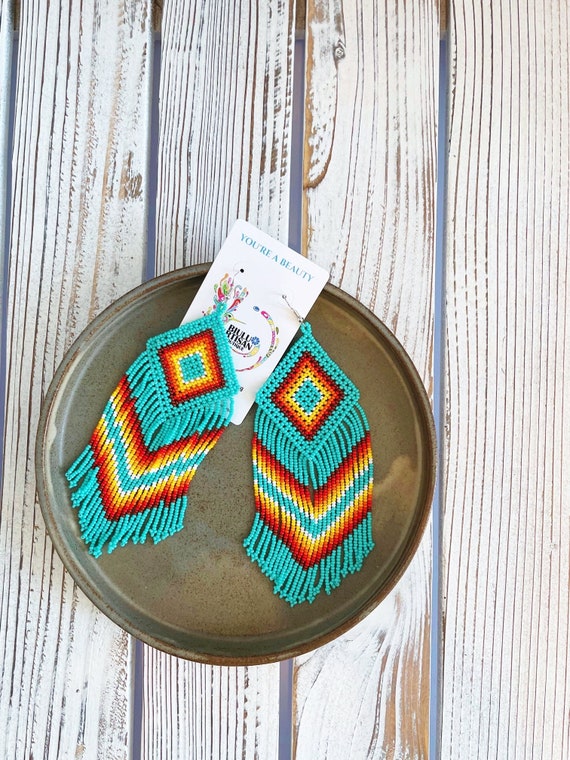 Boho Chandelier Earrings, Native Style Beaded Earrings, Statement Earrings, Turquoise, Huichol Earrings, Large, Handmade, Etsy Earrings