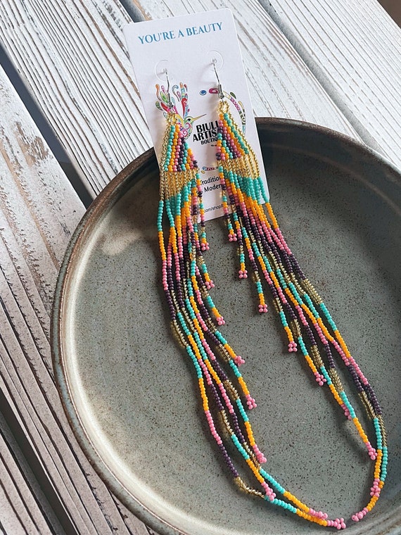 Boho Chandelier Earrings, Long Earrings, Indigenous Made, Native American Beaded Earrings, Shoulder Dusters | Biulu Artisan Boutique