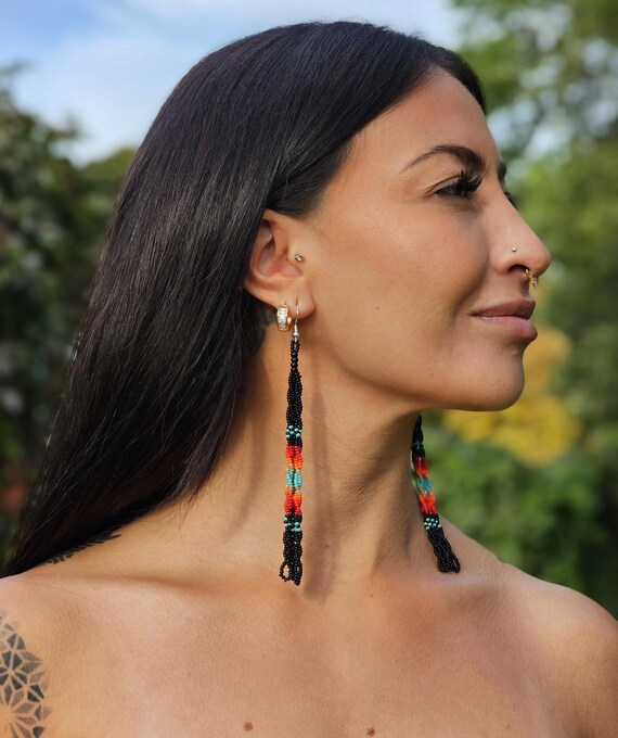 Long Boho Earrings, Native American Beaded Earrings, Beaded Shoulder Duster Earrings, Indigenous Made Earrings, Handmade Earrings, Colorful