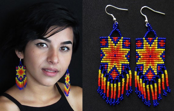 Native American Style Starburst Earrings, Tribal Boho Sun Earrings, Beaded Earrings, Huichol Earrings, Mexican Beaded Earrings, Authentic