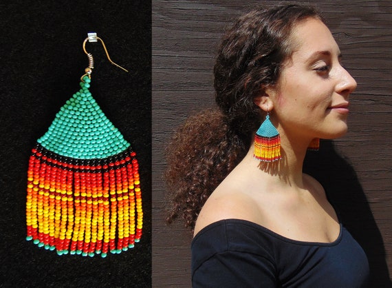 Native American Style Beaded Earrings, Seed Bead Earrings, Tribal Fashion Earrings, Boho Beaded Earrings, Huichol Beadwork, Beaded Jewelry