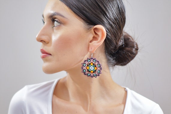 Boho Medallion Earrings, Tribal Pattern, Indigenous Made Jewelry, Native American Beaded Earrings, Beaded Boho Earrings, Purple, Handmade