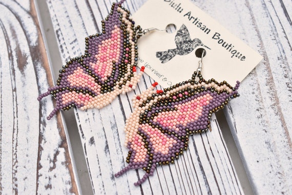 Beaded Butterfly Earrings, Boho Earrings, Native American Beaded Earrings, Pink Purple Butterflies, Handmade | Biulu Artisan Boutique