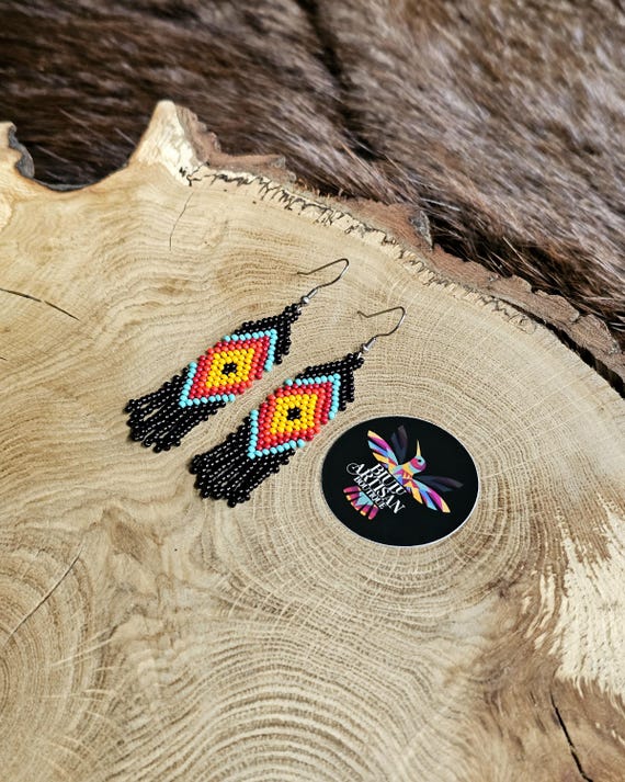 Handmade Boho Earrings, Native American Beaded Earrings , Black Beaded Boho Earrings, Indigenous Made, Short Skinny Earrings, Eye of God