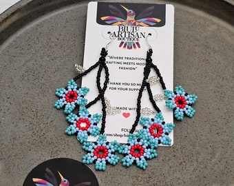 Boho Beaded Earrings, Flowers on a Vine Earrings, Dainty Turquoise Earrings, Native American Beaded Earrings, Boho Chic, Seed Bead Earrings