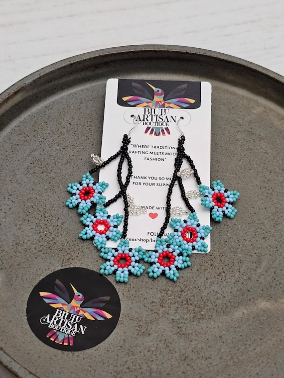 Boho Beaded Earrings, Flowers on a Vine Earrings, Dainty Turquoise Earrings, Native American Beaded Earrings, Boho Chic, Seed Bead Earrings