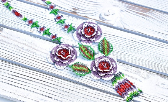 Beaded Boho Necklace, Native American Beaded Necklace, Purple, White, Flower Necklace, Statement Necklace, Authentic Indigenous Made Jewelry