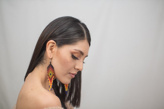 Boho Feather Style Earrings, Native American Beaded Earrings, Boho Chic, Vibrant Tribal Jewelry, Huichol, Seed Bead | Biulu Artisan Boutique