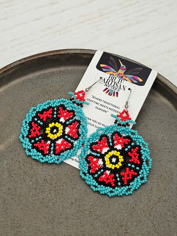 Huichol Flower Earrings, Pop Art Earrings, Small Medallion Earrings, Native American Beaded Earrings, Huichol Jewelry, Authentic Beading