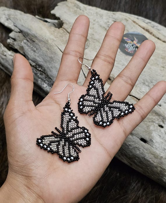 Shinny Butterfly Earrings, Silver butterfly, Indigenous Made, Native American Beaded Earrings, Beaded Earrings, Seed Bead Earrings, Handmade