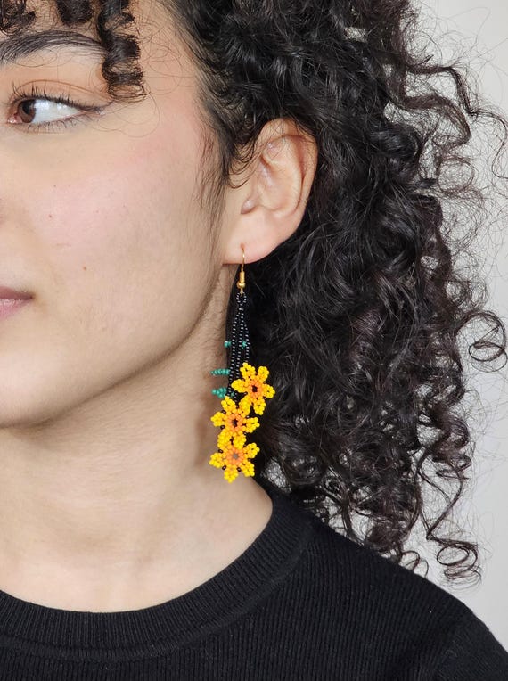 Boho Beaded Earrings, Flowers on a Vine Earrings, Dainty Yellow Earrings, Native American Beaded Earrings, Cute Earrings, Seed Bead Earrings