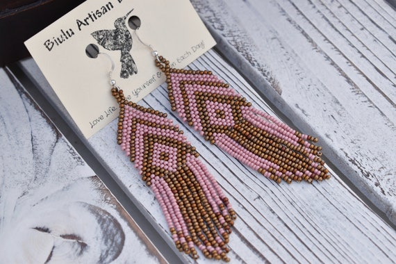 Pink and Brass Geometric Earrings, Native American Beaded Earrings, Pink Boho Earrings, Brass Boho Earrings, Hypoallergenic Earrings