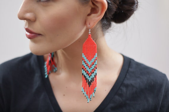 Long Tribal Earrings, Boho Beaded Earrings, Indigenous Made, Jewelry, Handmade, Native American Beaded Earrings, Statement Earrings