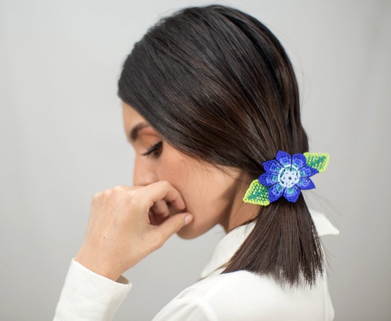 Blue Flower Hairclip, Handmade Beaded Barrette, Boho, Native American Jewelry, Indigenous Made, Boho Hair Accessories, Hair Barrette