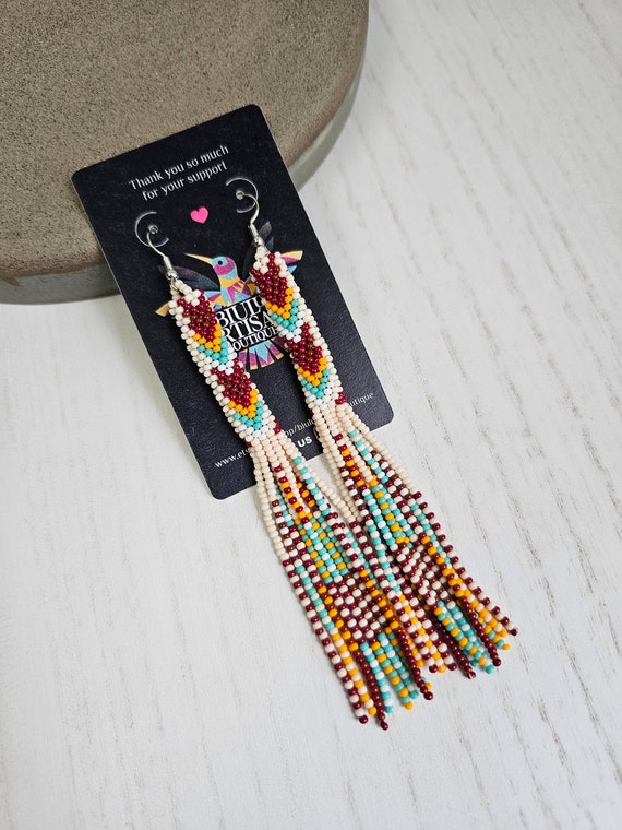 Native American Beaded Earrings, Long Beaded Tube Earrings, Boho, Seed Bead, Tribal Fashion, Huichol, Handmade | Biulu Artisan Boutique