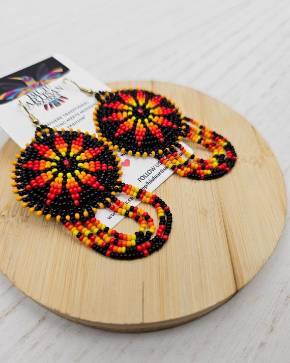 Red Black Bohemian Sun Earrings, Native American Style Beaded Earrings, Beaded Boho Earrings, Tribal Sun Earrings, Small Medallion, Fire
