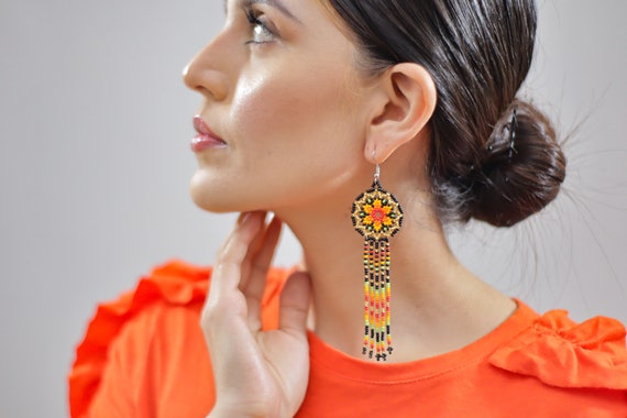 Long Star Earrings, Beaded Stars, Native American Jewelry Huichol, Starburst Earrings, Cute Circles w/ Tassels | Biulu Artisan Boutique
