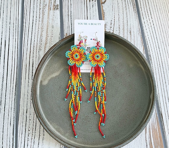 Chandelier Flower Earrings, Long Beaded Earrings, Native American Should Dusters, Chic, Colorful, Handmade Earrings | Biulu Artisan Boutique