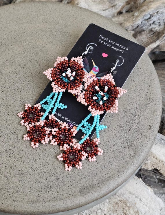 Soft Pink and Brown Florette Earrings, Huichol Earrings, Native Beaded Earrings, Southwestern Florette Earrings, Traditional Beadwork