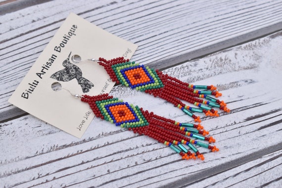 Dark Red Brick Stitch Earrings, Huichol Earrings with Ojo de Dios, Native American Style Beaded Earrings, Seed Bead Earrings