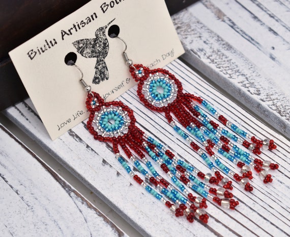 Small Dreamcatcher Earrings, Dreamcatcher Boho Earrings, Native American Beaded Earrings, Traditional Beadwork, Amerindian Earrings