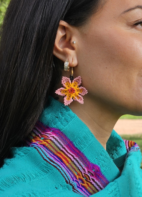 Dainty Pink Flower Earrings, Indigenous Made Beaded Earrings, Boho Chic Earrings, Native American Beaded Earrings, Handmade