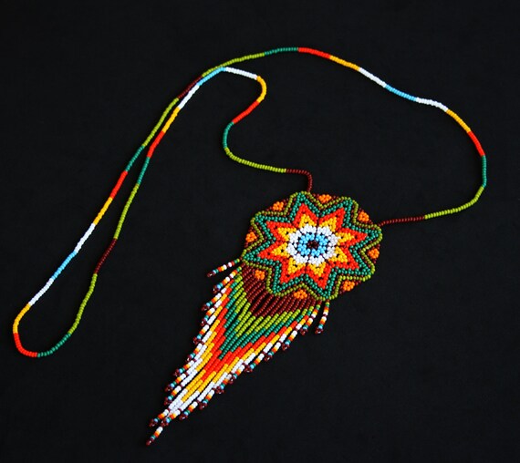 Native American Medallion Necklace, Huichol Sun Necklace, Beaded Necklace, Starburst Necklace, Morning Star Necklace, Mexican Bead Jewelry