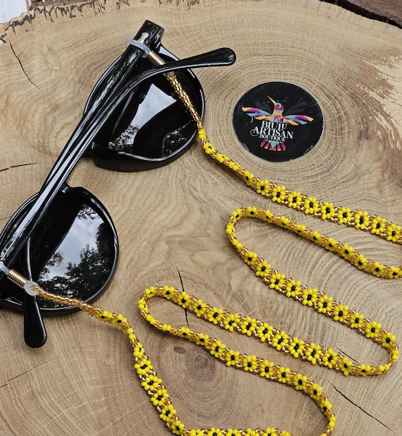 Hand-Stitched Huichol Beaded Glasses Lanyard, Yellow and Shinny Golden Eyeglass Chain, Sunflower Chain
