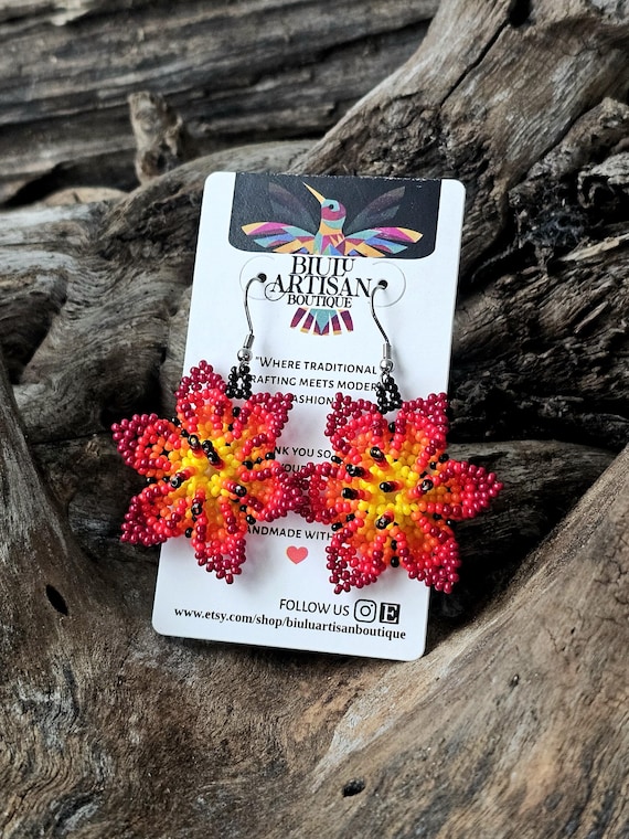 Dainty Red Yellow Flower Earrings, Indigenous Made Beaded Earrings, Boho Chic Earrings, Native American Beaded Earrings, Handmade