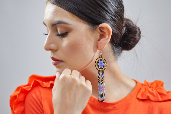 Long Starburst Earrings, Beaded Stars, Native American Jewelry Huichol, Star Earrings, Cute Circles w/ Tassels | Biulu Artisan Boutique