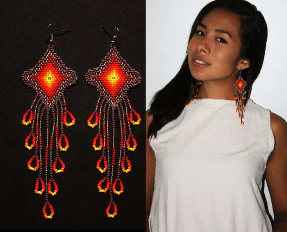 Dangling Native Earrings, Native American Beaded Earrings, Beaded Huichol Earrings, Eye of God Earrings, Seed Bead Earrings, Long Earrings