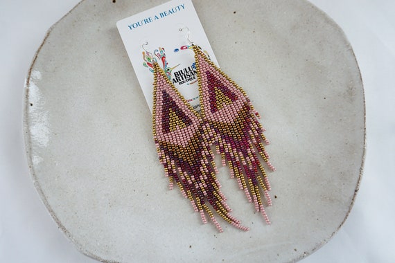 Small Boho Dangle Earrings, Pink and Copper Beaded Earrings, Native American Beaded Earrings, Huichol Geometric Earrings, Handmade Earrings