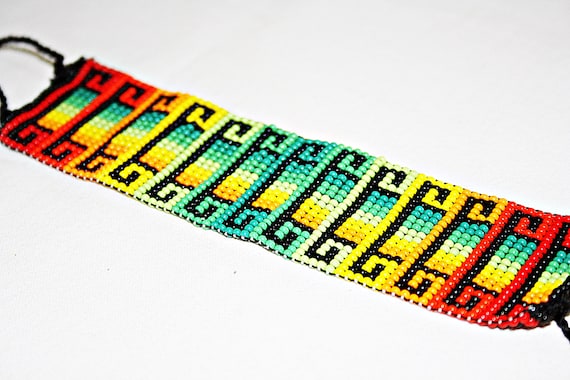 Native American Style Beaded Bracelet, Huichol Bracelet, Beaded Cuff Bracelet, Geometric Bracelet, Boho Bracelet, Authentic Beadwork