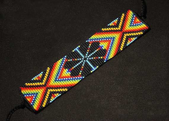 Colorful Tribal Geometric Bracelet, Southwestern Native American Beaded Bracelet, Black Peyote Bracelet, Sacred Geometry Bracelet