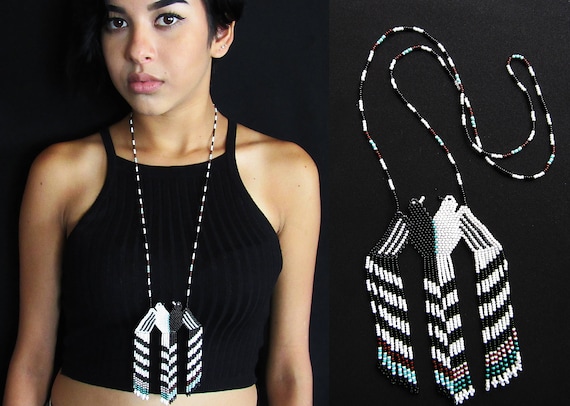 Black and White Double Eagle Necklace, Huichol Native American Style Necklace, Beaded Eagle Necklace, Seed Bead Necklace, Authentic Beadwork