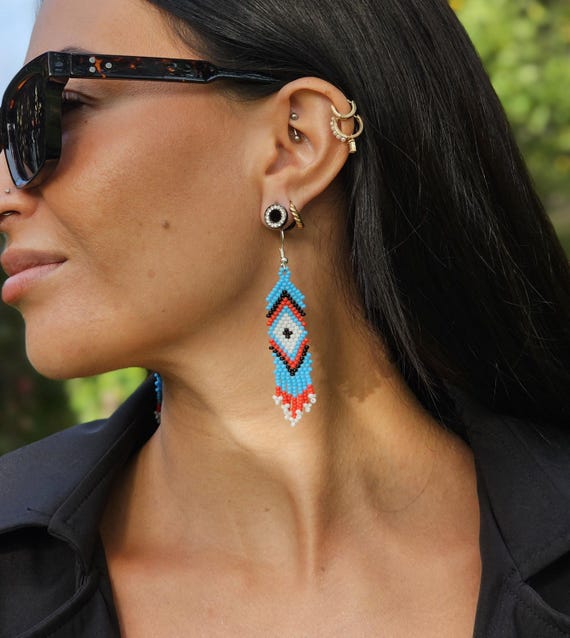 Handmade Boho Earrings, Native American Beaded Earrings ,Blue Beaded Boho Earrings, Indigenous Made, Short Skinny Earrings, Etsy Handmade