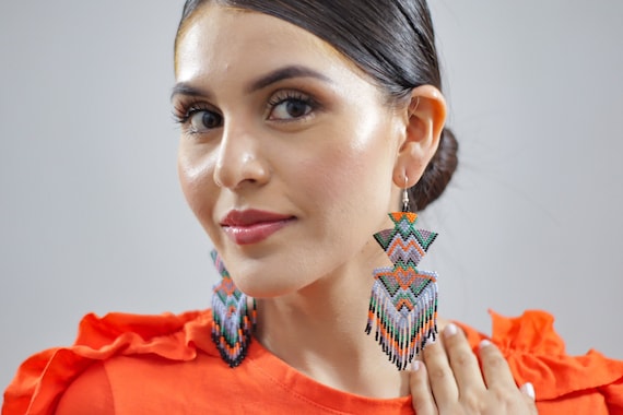 Large Boho Tribal Earrings, Beaded Statement Earrings, Indigenous Made, Native American Beaded Earrings, Handmade | Biulu Artisan Boutique
