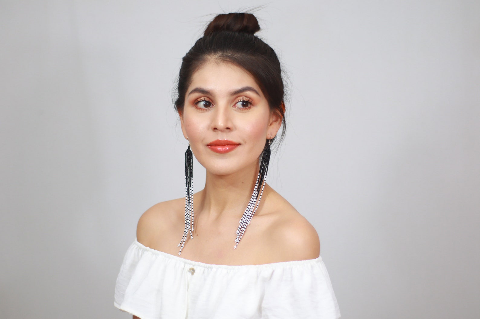 Long Beaded Earrings Boho Fringe Earrings Black and White Etsy