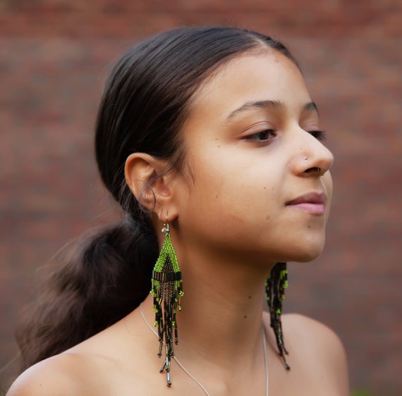 Sparkling Lime Green and Copper Tribal High Fashion Earrings, Native American Dangle Earrings, Huichol Earrings, Beaded Earrings, Long