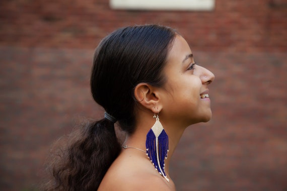 Native Beaded Earrings, Native Dangle Earrings, Large Seed Bead Earrings, Huichol Earrings, Tribal Fashion Earrings, Cream and Cobalt Blue