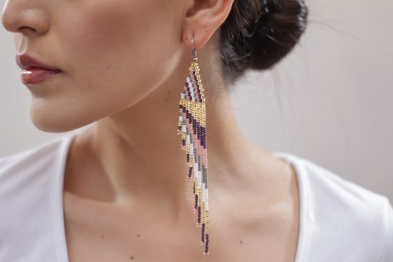 Beaded Boho Earrings, Feather Style, Native American Beaded Earrings, Handmade, Indigenous Made, Jewelry | Biulu Artisan Boutique